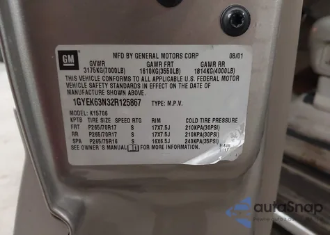 2002 Cadillac Escalade Standard z USA, uszkodzony, nr VIN 1GYEK63N32R125867